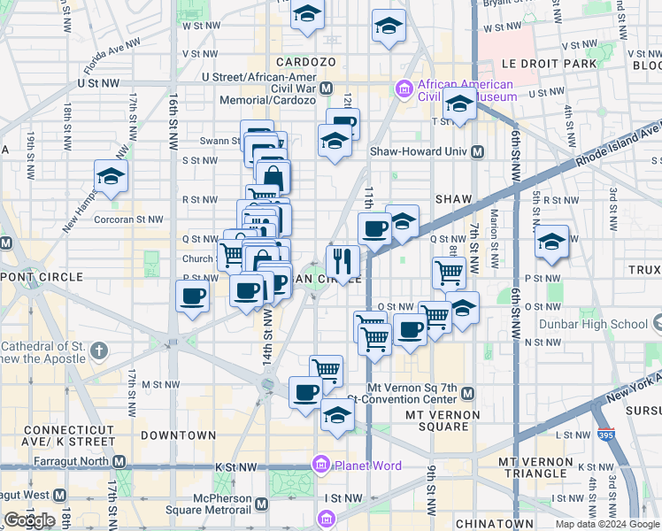 map of restaurants, bars, coffee shops, grocery stores, and more near 1215 Rhode Island Avenue Northwest in Washington