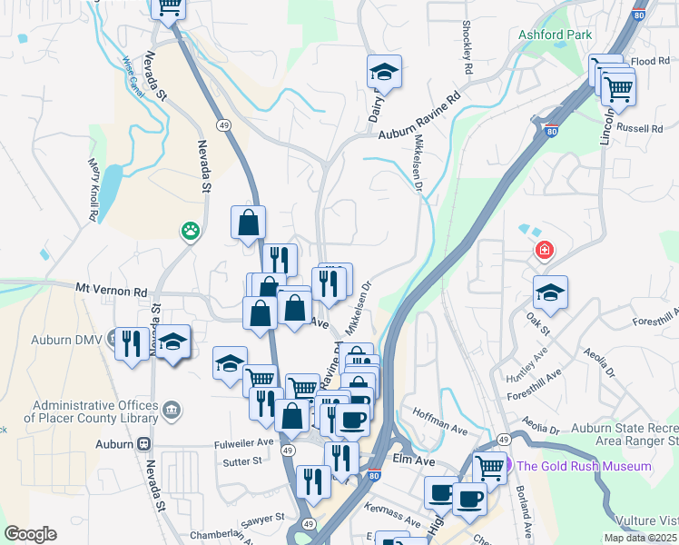 map of restaurants, bars, coffee shops, grocery stores, and more near 600 Auburn Ravine Road in Auburn
