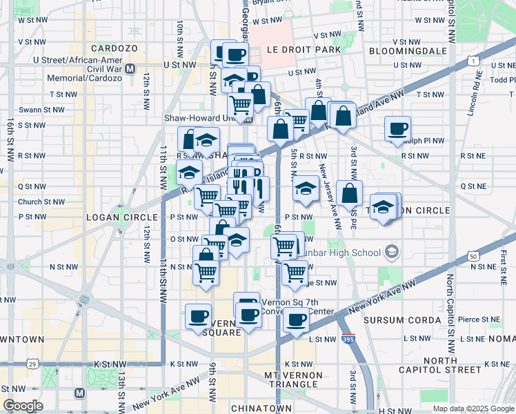 map of restaurants, bars, coffee shops, grocery stores, and more near 1512 Marion Street Northwest in Washington