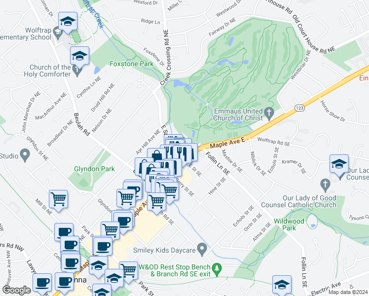 map of restaurants, bars, coffee shops, grocery stores, and more near 127 Park Street Northeast in Vienna