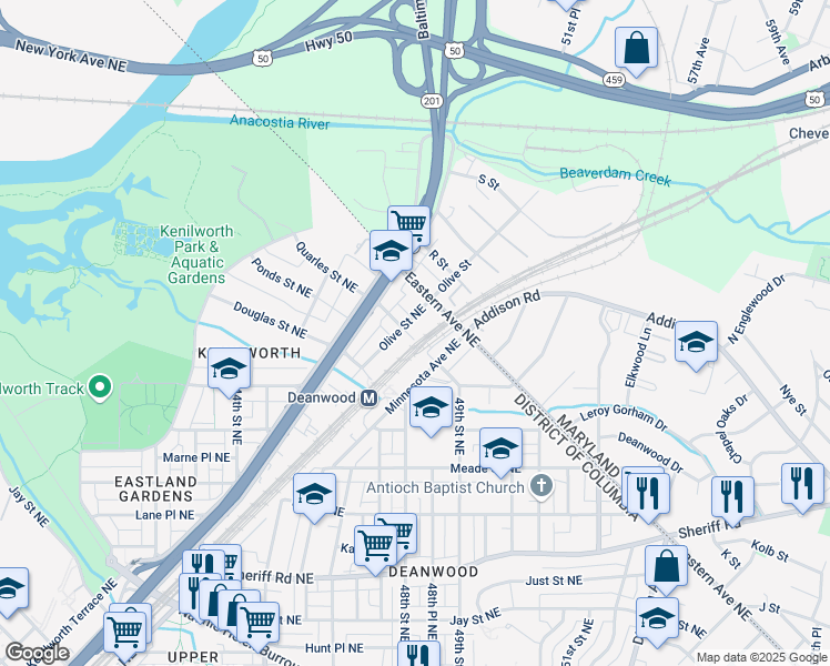 map of restaurants, bars, coffee shops, grocery stores, and more near 4714 Quarles Street Northeast in Washington