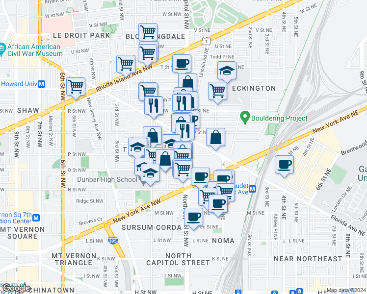 map of restaurants, bars, coffee shops, grocery stores, and more near 1516 North Capitol Street Northwest in Washington