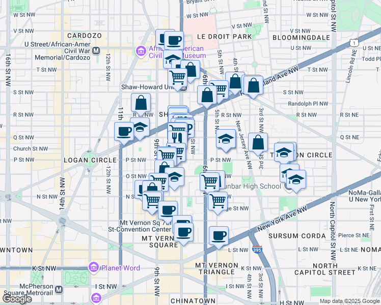 map of restaurants, bars, coffee shops, grocery stores, and more near 1512 Marion Street Northwest in Washington