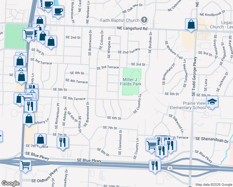 map of restaurants, bars, coffee shops, grocery stores, and more near 1215 Southeast 5th Street in Lee's Summit