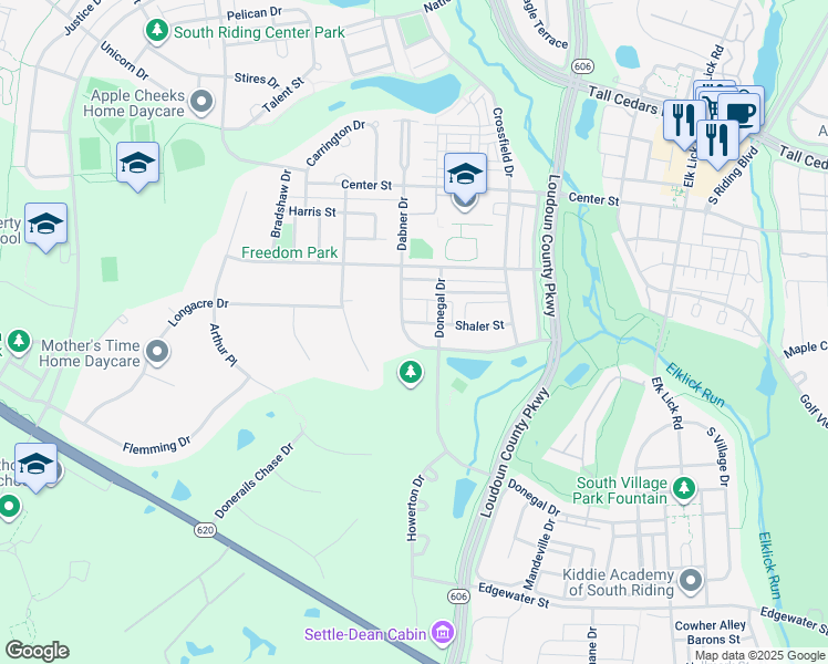 map of restaurants, bars, coffee shops, grocery stores, and more near 25554 Dabner Drive in Chantilly