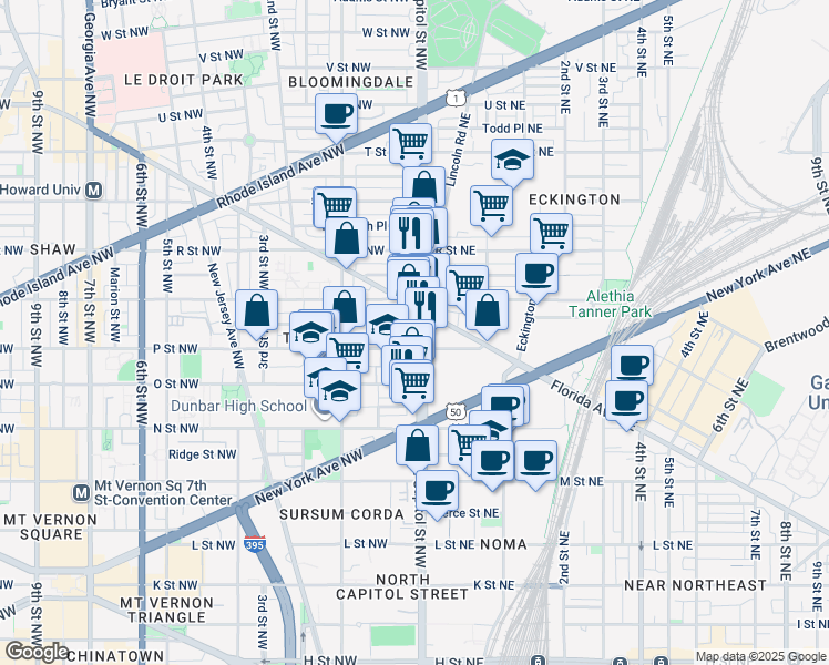 map of restaurants, bars, coffee shops, grocery stores, and more near 1516 North Capitol Street Northwest in Washington