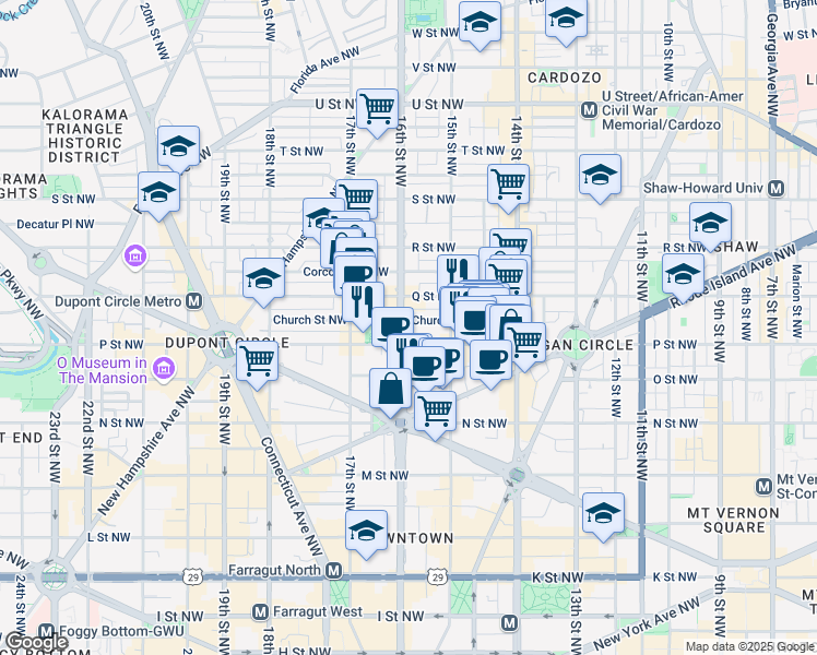 map of restaurants, bars, coffee shops, grocery stores, and more near 1515 16th Street Northwest in Washington