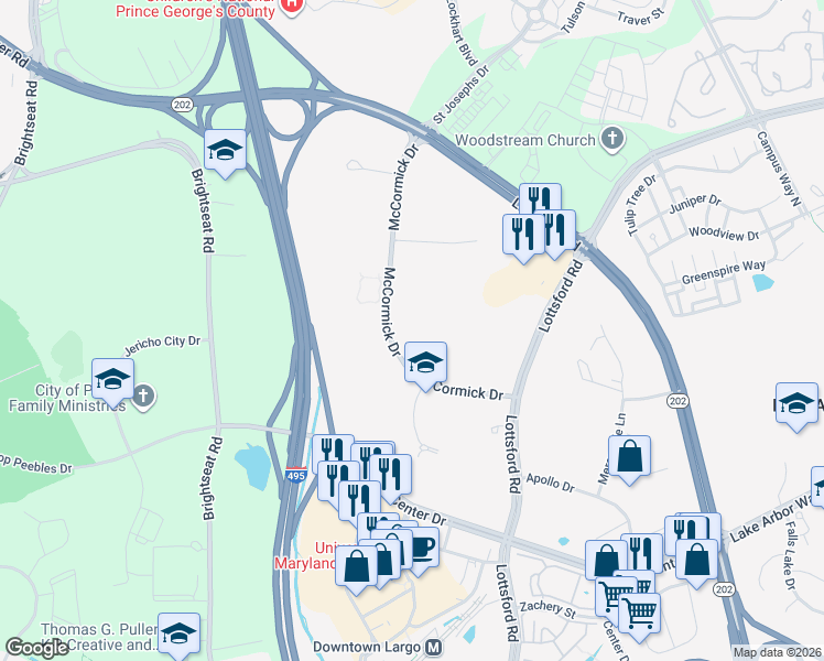 map of restaurants, bars, coffee shops, grocery stores, and more near 1441 McCormick Drive in Upper Marlboro