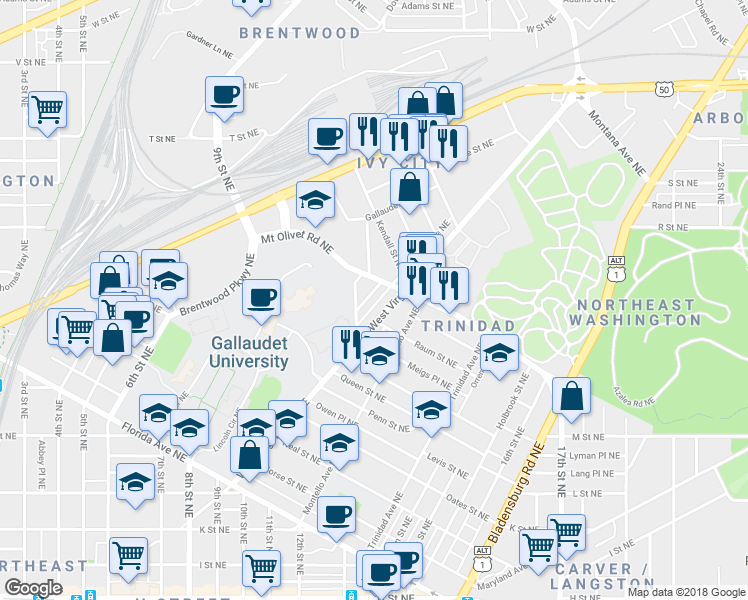 map of restaurants, bars, coffee shops, grocery stores, and more near 101 Independence Avenue Southeast in Washington