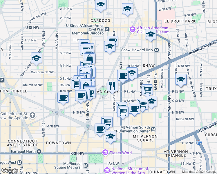 map of restaurants, bars, coffee shops, grocery stores, and more near 1215 Rhode Island Avenue Northwest in Washington