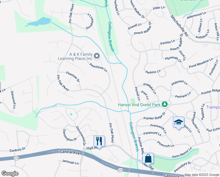 map of restaurants, bars, coffee shops, grocery stores, and more near 1409 Peachtree Lane in Bowie