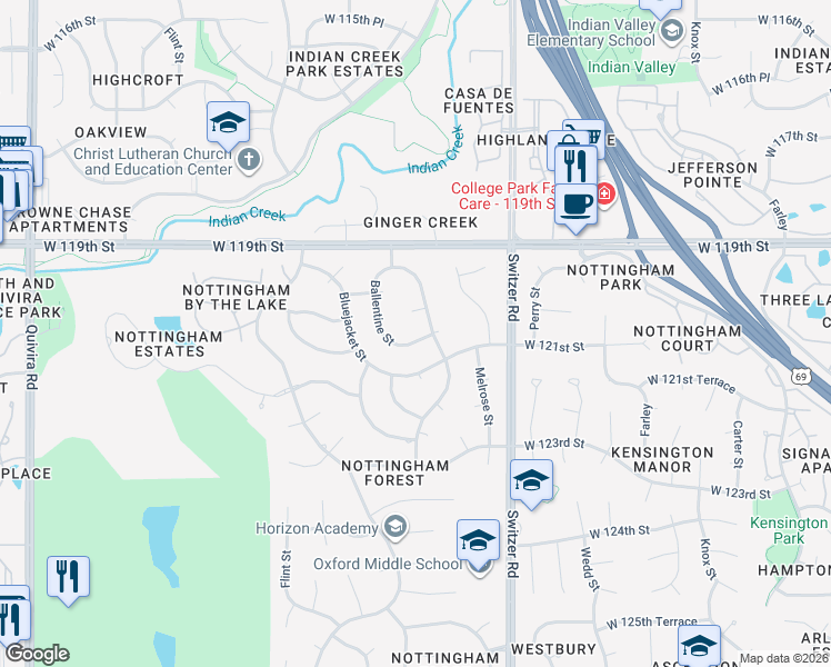 map of restaurants, bars, coffee shops, grocery stores, and more near 12048 Ballentine Street in Overland Park