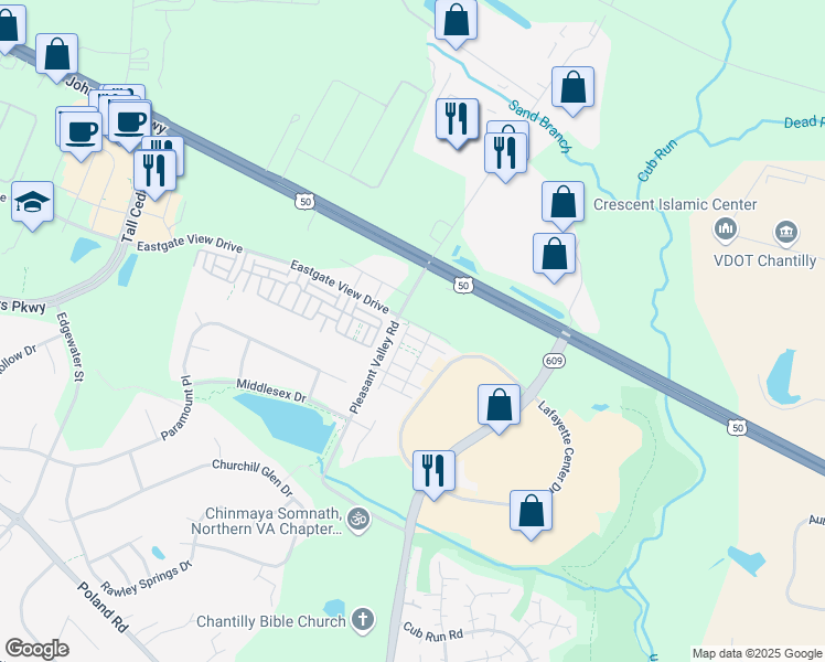 map of restaurants, bars, coffee shops, grocery stores, and more near 44121 Eastgate View Drive in Chantilly