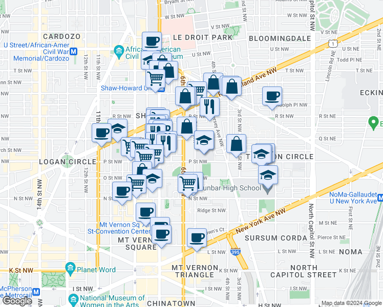 map of restaurants, bars, coffee shops, grocery stores, and more near 1512 5th Street Northwest in Washington