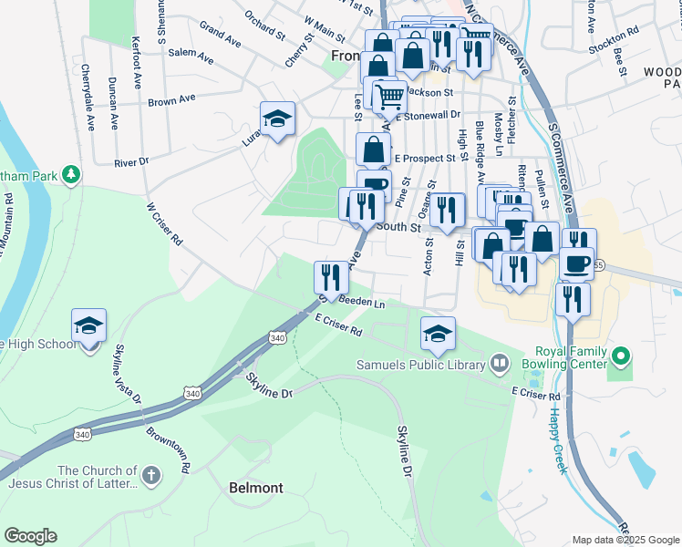 map of restaurants, bars, coffee shops, grocery stores, and more near 609 South Royal Avenue in Front Royal
