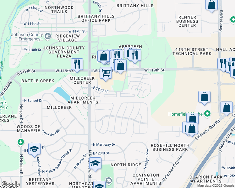 map of restaurants, bars, coffee shops, grocery stores, and more near 1559 East 120th Street in Olathe