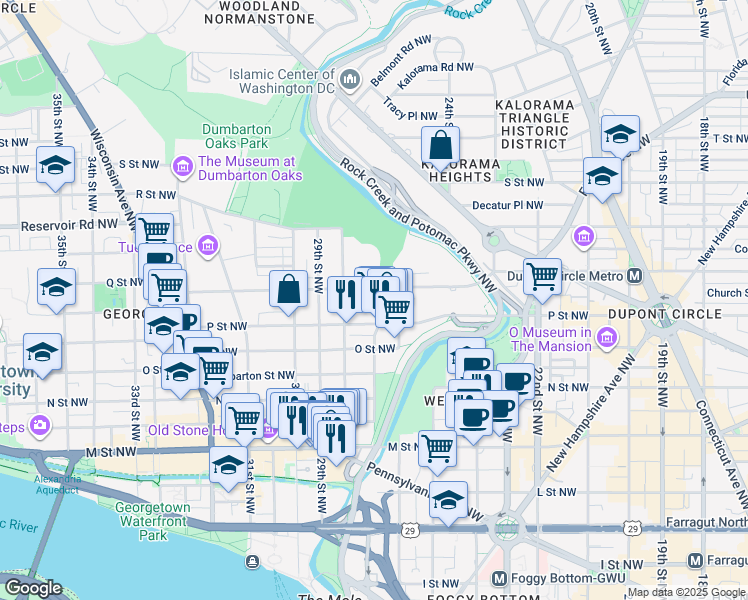 map of restaurants, bars, coffee shops, grocery stores, and more near 2700 Q Street Northwest in Washington