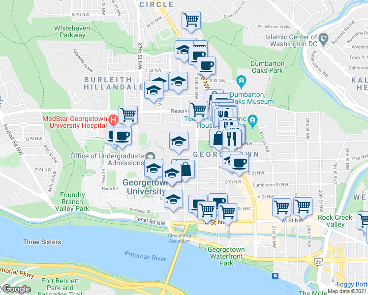 map of restaurants, bars, coffee shops, grocery stores, and more near 1549 35th Street Northwest in Washington