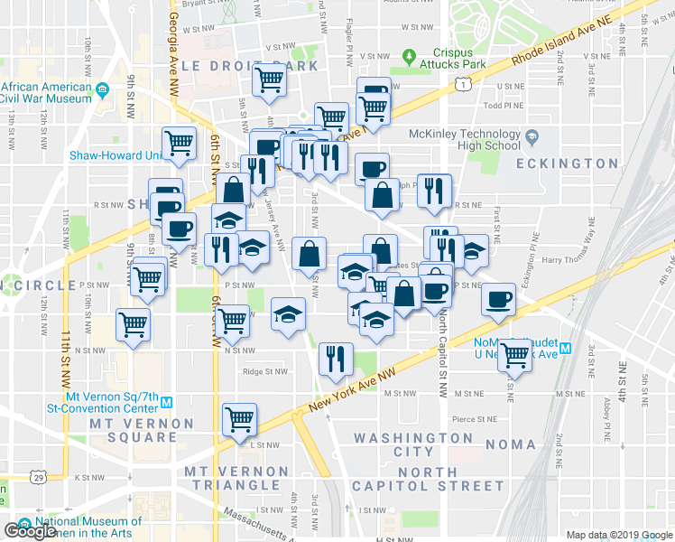 map of restaurants, bars, coffee shops, grocery stores, and more near 214 Bates Street Northwest in Washington
