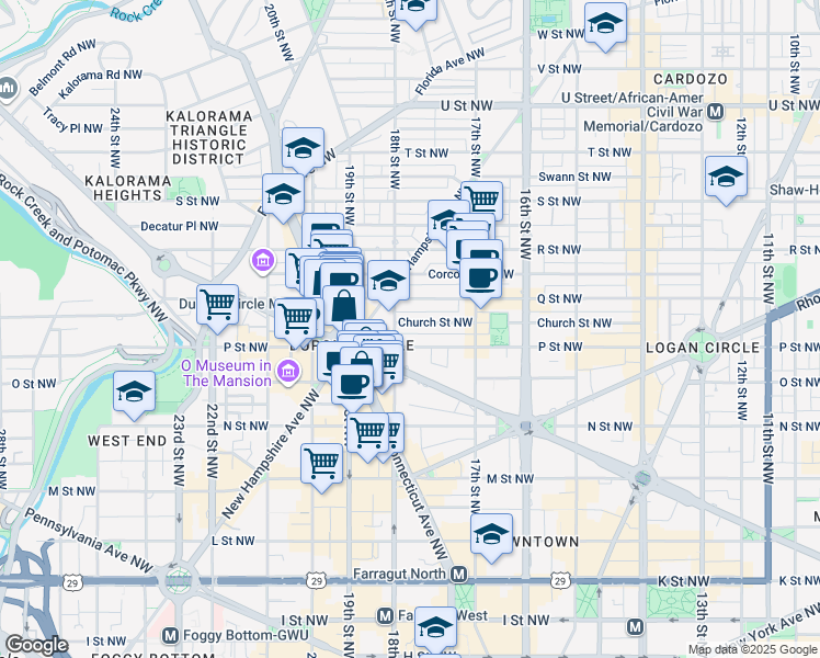 map of restaurants, bars, coffee shops, grocery stores, and more near 1772 Church Street Northwest in Washington