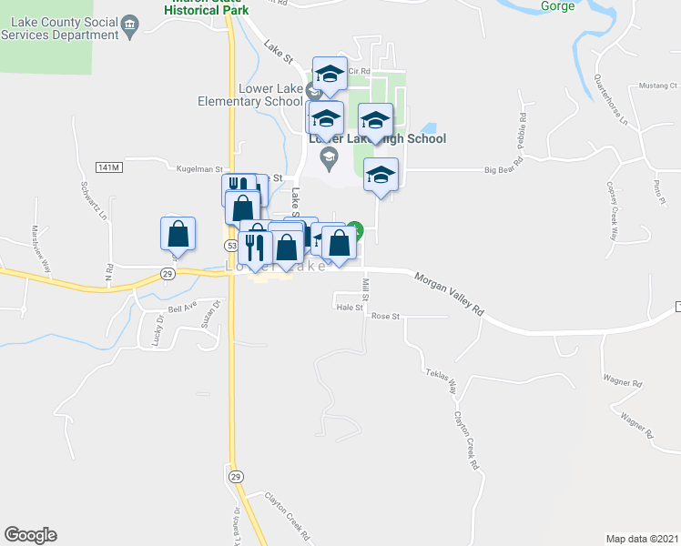 map of restaurants, bars, coffee shops, grocery stores, and more near 16345 Main Street in Lower Lake