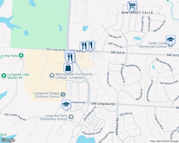 map of restaurants, bars, coffee shops, grocery stores, and more near 451 Southwest Longview Boulevard in Lee's Summit