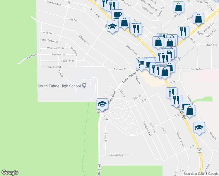 map of restaurants, bars, coffee shops, grocery stores, and more near 1821 Lake Tahoe Boulevard in South Lake Tahoe