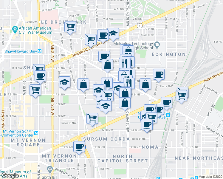 map of restaurants, bars, coffee shops, grocery stores, and more near 73 P Street Northeast in Washington