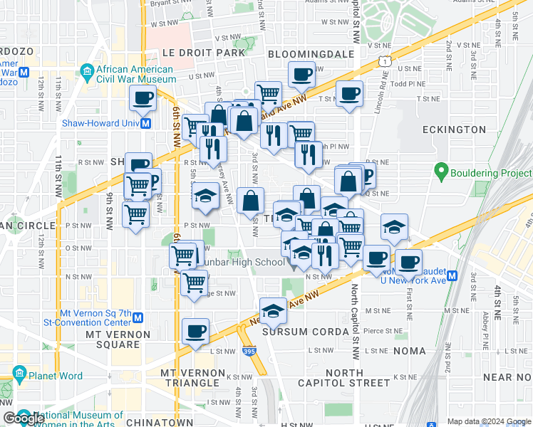 map of restaurants, bars, coffee shops, grocery stores, and more near 101 Independence Avenue Southeast in Washington