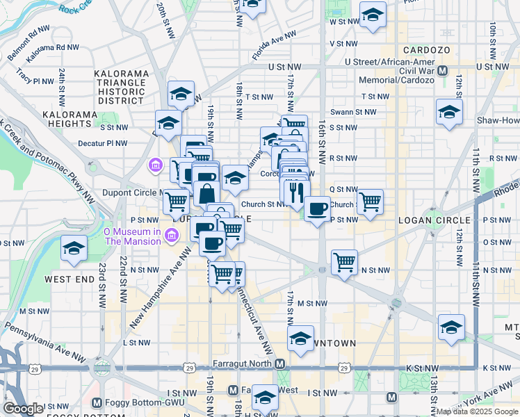 map of restaurants, bars, coffee shops, grocery stores, and more near 1754 Church Street Northwest in Washington