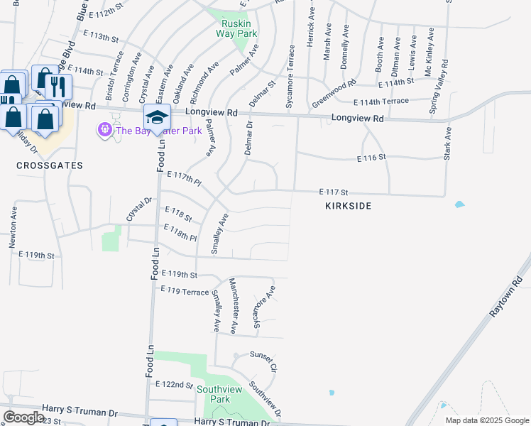 map of restaurants, bars, coffee shops, grocery stores, and more near 8000 East 117 Terrace in Kansas City