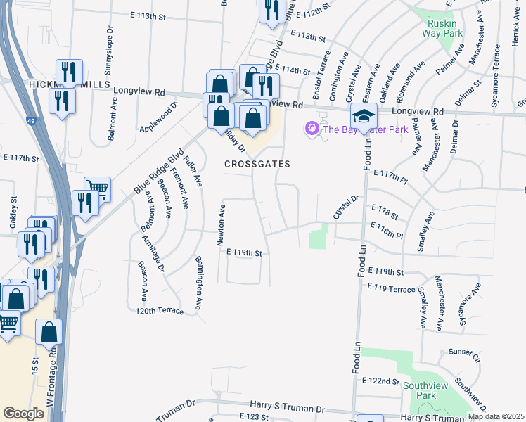 map of restaurants, bars, coffee shops, grocery stores, and more near 11803 Holiday Drive in Kansas City