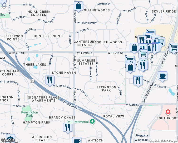map of restaurants, bars, coffee shops, grocery stores, and more near 12039 Hemlock Street in Overland Park