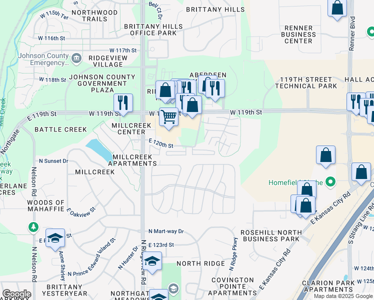 map of restaurants, bars, coffee shops, grocery stores, and more near 1559 East 120th Street in Olathe