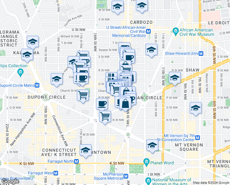 map of restaurants, bars, coffee shops, grocery stores, and more near 1450 Church Street Northwest in Washington
