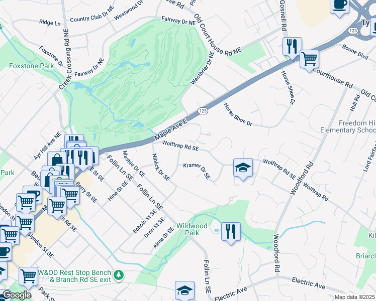 map of restaurants, bars, coffee shops, grocery stores, and more near 403 Wolftrap Road Southeast in Vienna