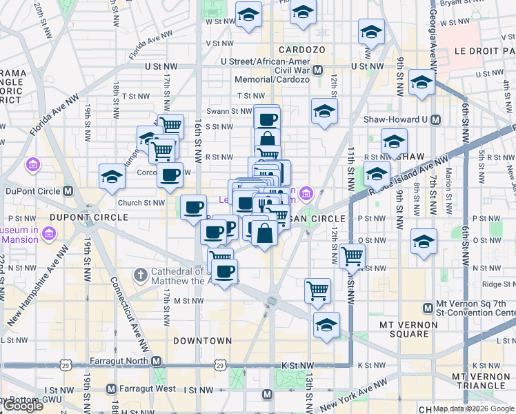 map of restaurants, bars, coffee shops, grocery stores, and more near 1440 Church Street Northwest in Washington