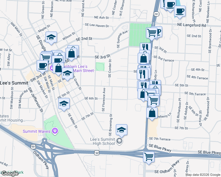 map of restaurants, bars, coffee shops, grocery stores, and more near 502 Southeast Browning Street in Lee's Summit