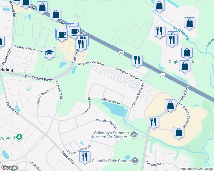 map of restaurants, bars, coffee shops, grocery stores, and more near 43844 Paramount Place in Chantilly