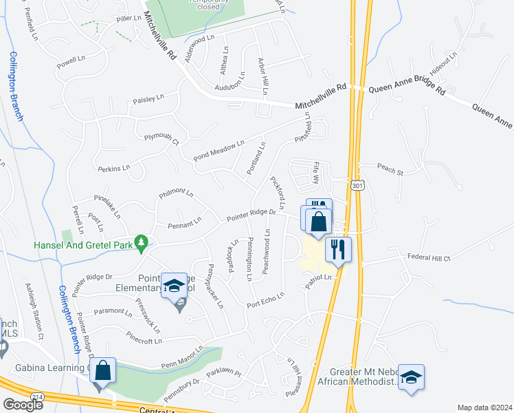 map of restaurants, bars, coffee shops, grocery stores, and more near 1501 Pittsfield Lane in Bowie