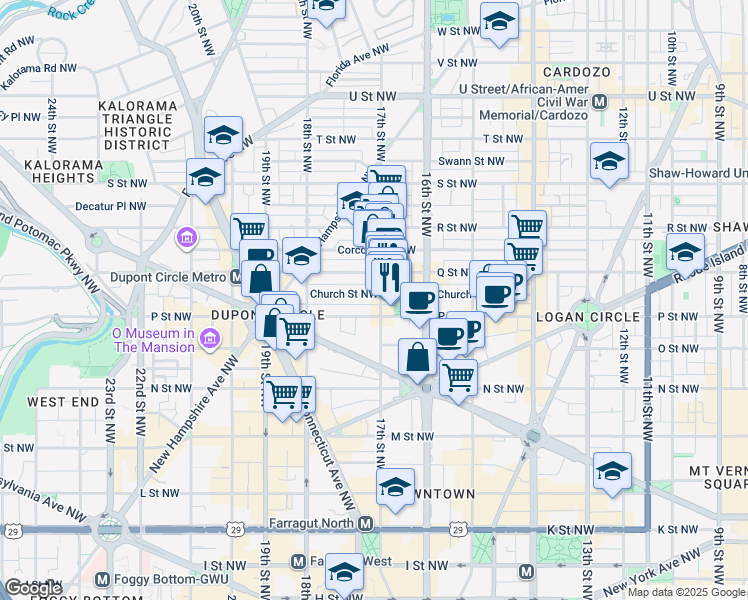 map of restaurants, bars, coffee shops, grocery stores, and more near 1514 17th Street Northwest in Washington