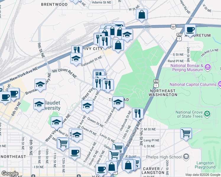 map of restaurants, bars, coffee shops, grocery stores, and more near 1240 Mount Olivet Road Northeast in Washington