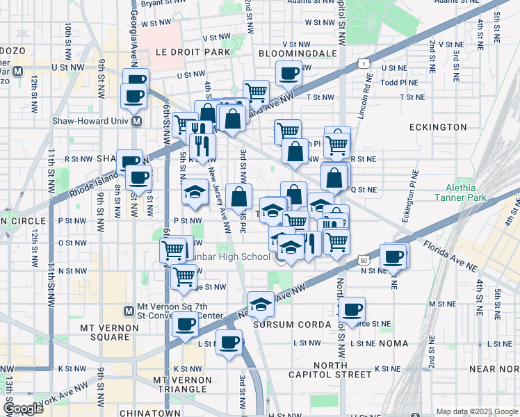 map of restaurants, bars, coffee shops, grocery stores, and more near 214 Bates Street Northwest in Washington