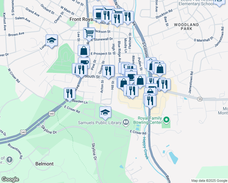 map of restaurants, bars, coffee shops, grocery stores, and more near 438 Hill Street in Front Royal
