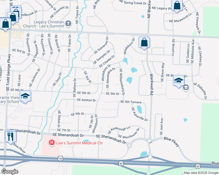 map of restaurants, bars, coffee shops, grocery stores, and more near 417 Southeast Alexandria Drive in Lee's Summit