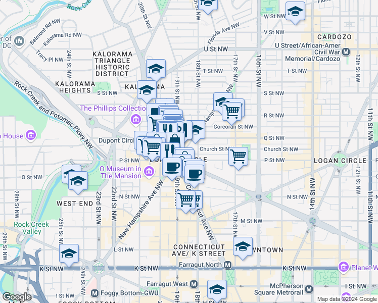 map of restaurants, bars, coffee shops, grocery stores, and more near 11 Dupont Circle Northwest in Washington