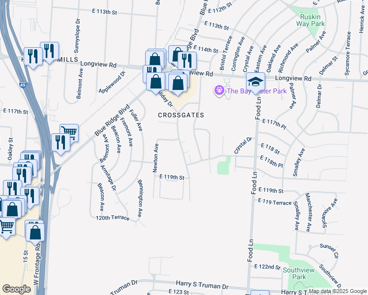 map of restaurants, bars, coffee shops, grocery stores, and more near 11803 Holiday Drive in Kansas City