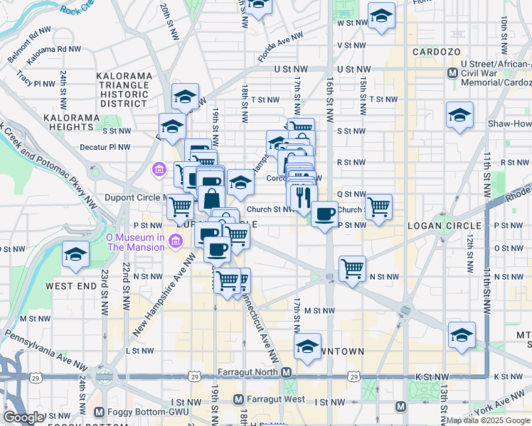 map of restaurants, bars, coffee shops, grocery stores, and more near 1754 Church Street Northwest in Washington