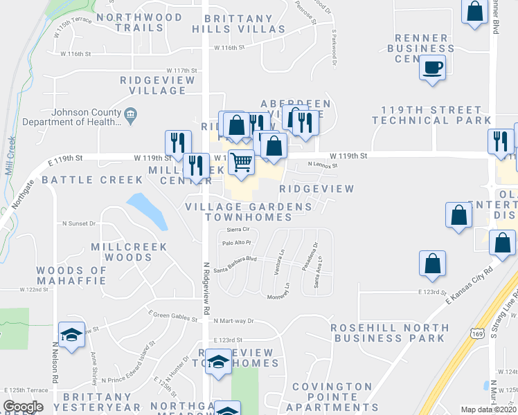map of restaurants, bars, coffee shops, grocery stores, and more near 1557 East 120th Street in Olathe