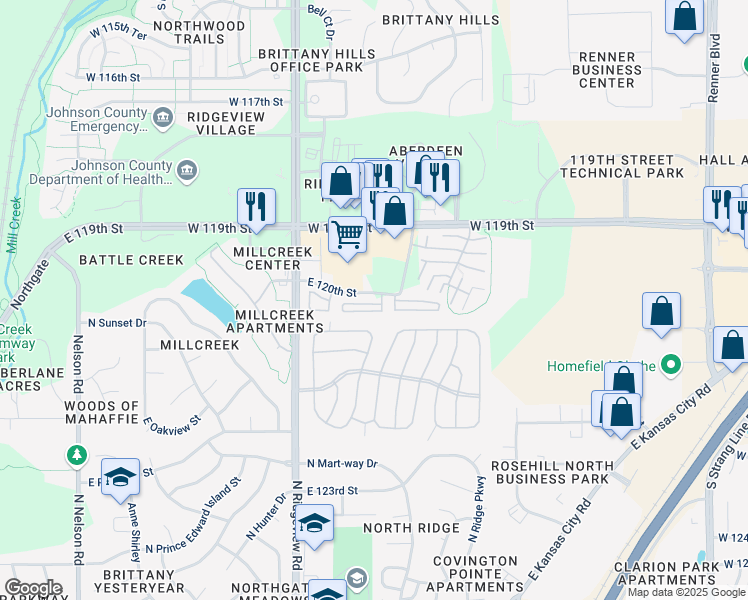 map of restaurants, bars, coffee shops, grocery stores, and more near 1559 East 120th Street in Olathe